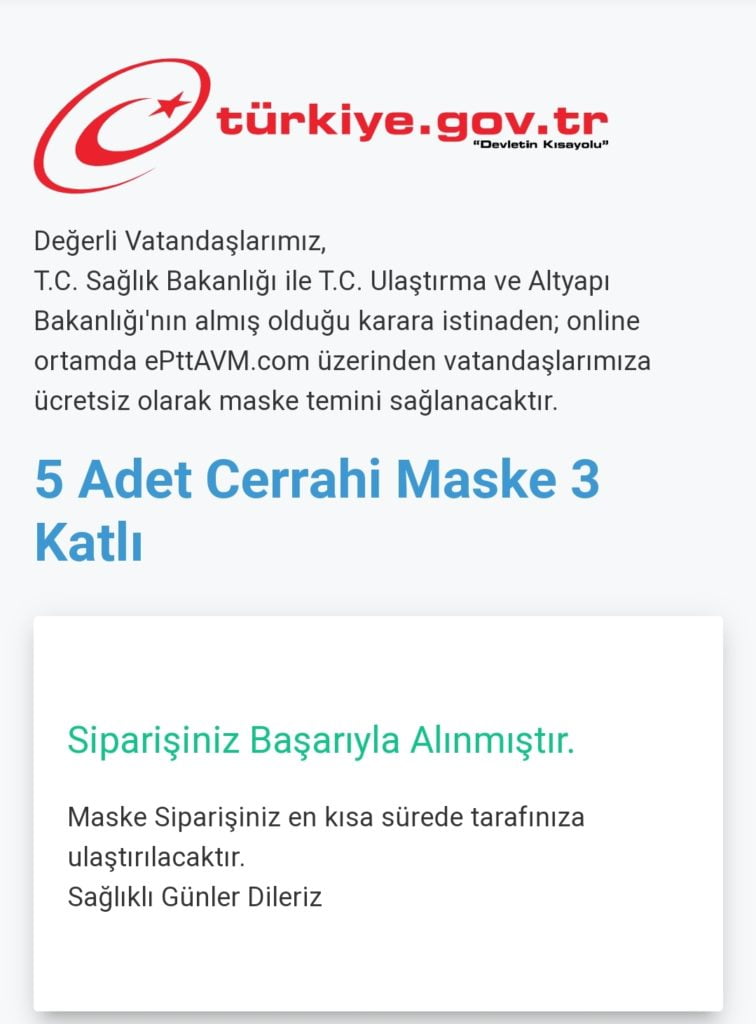 E-Devlet Üzerinden Bedava Maske Siparişi